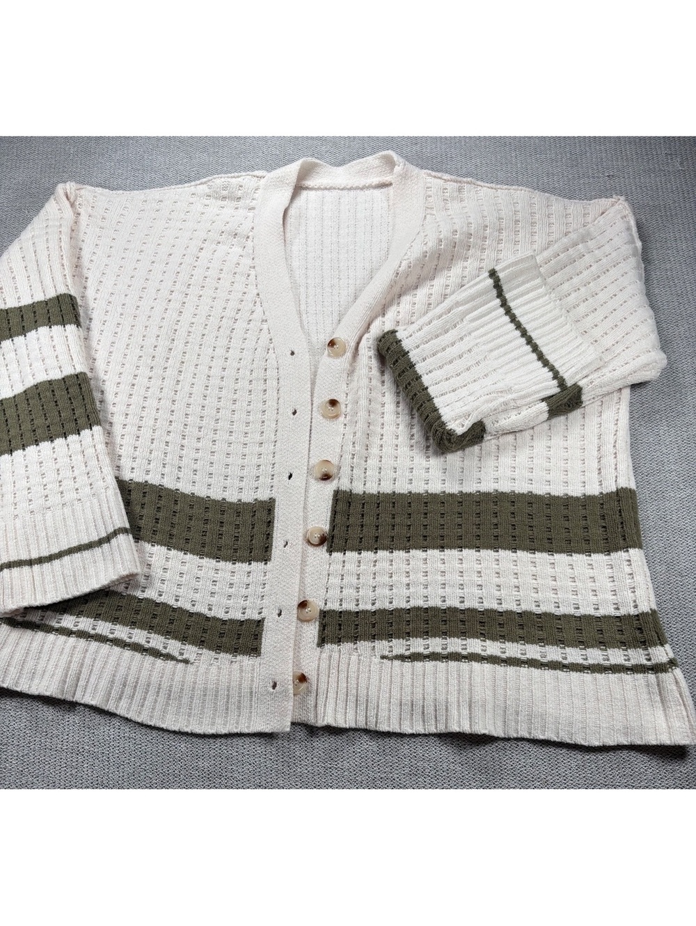 Cream and Olive Green Striped Knit Cardigan Sweater